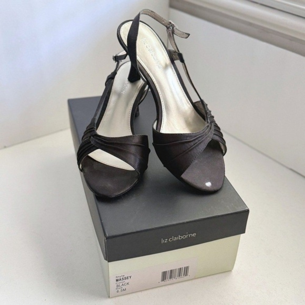 Liz Claiborne Massey Black Satin Slingback Heels Pleated Evening Sandals 6.5